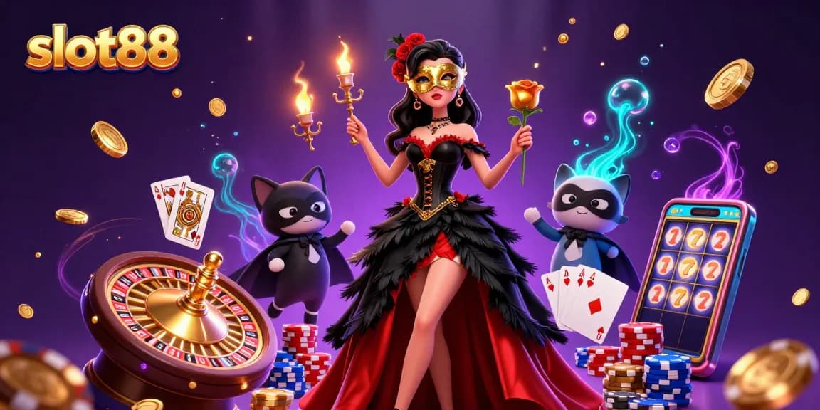 Experience thrilling wins with slot88 as golden coins and poker chips surround a glamorous scene.