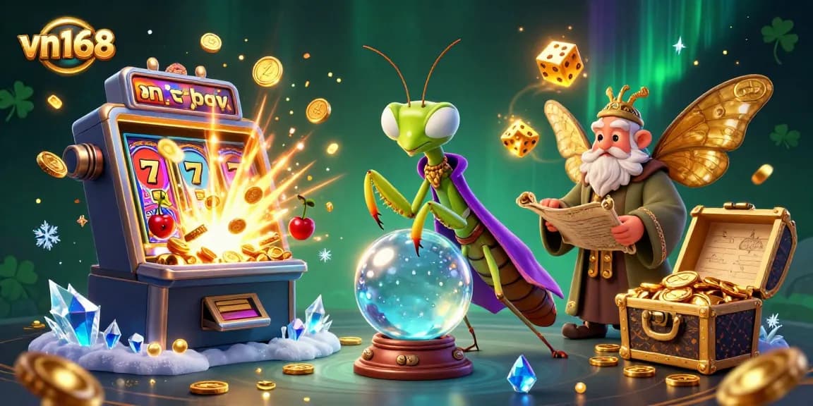 Win big with vn168 at the slot machine, featuring a mystical fortune teller and vibrant casino elements.