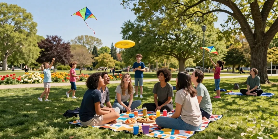 Motchill community gathering in a sunny park with friends enjoying a picnic and outdoor activities.