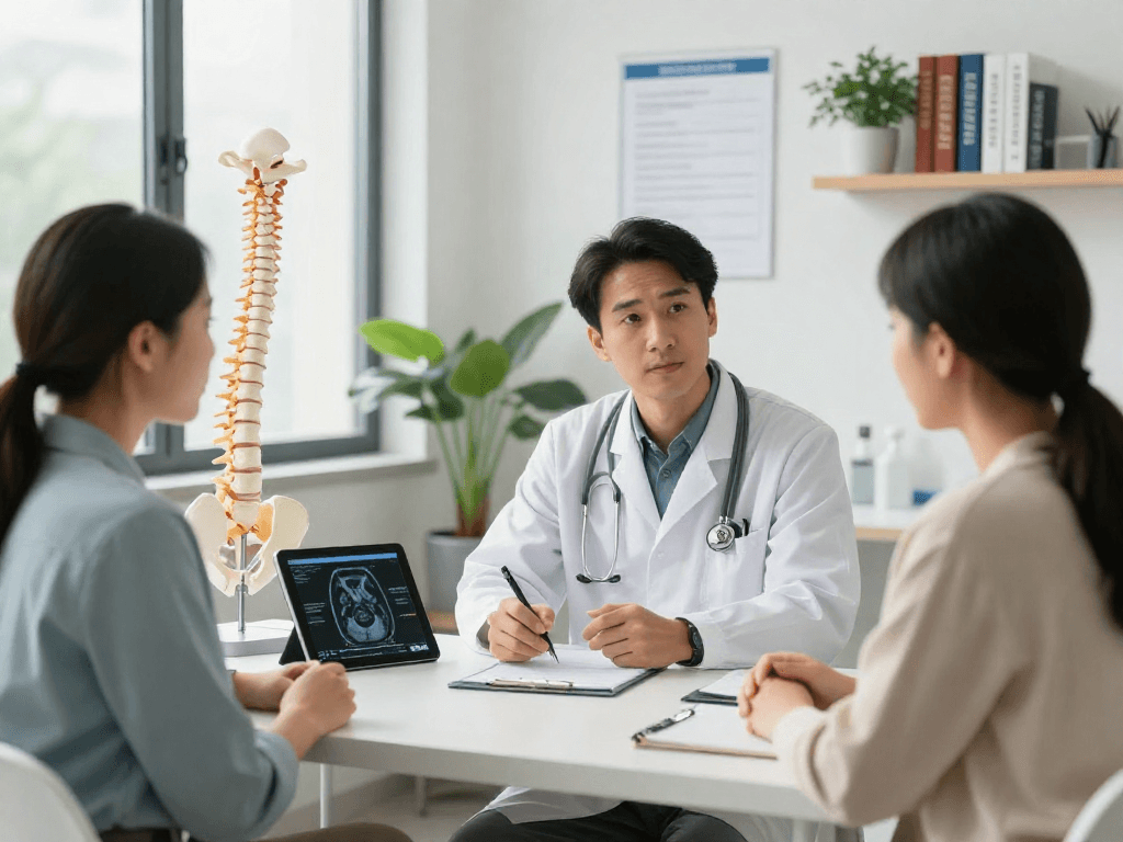 Consultation about bel fıtığı ameliyatı with orthopedic surgeon in a modern clinic.
