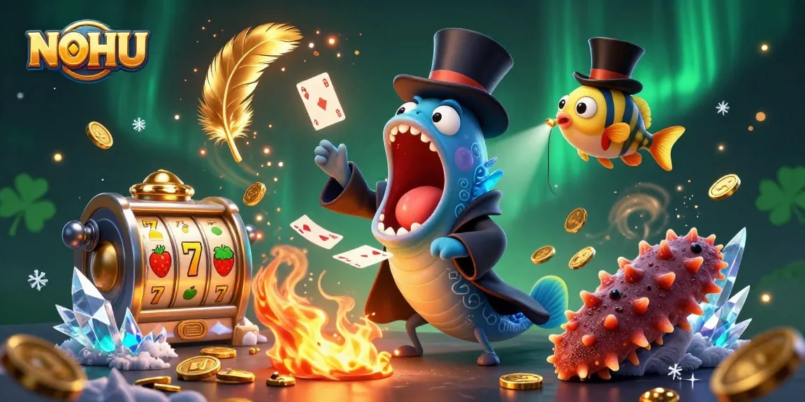 NOHU-themed illustration depicting a lively casino scene with bioluminescent sea creatures engaging in a card magic act.