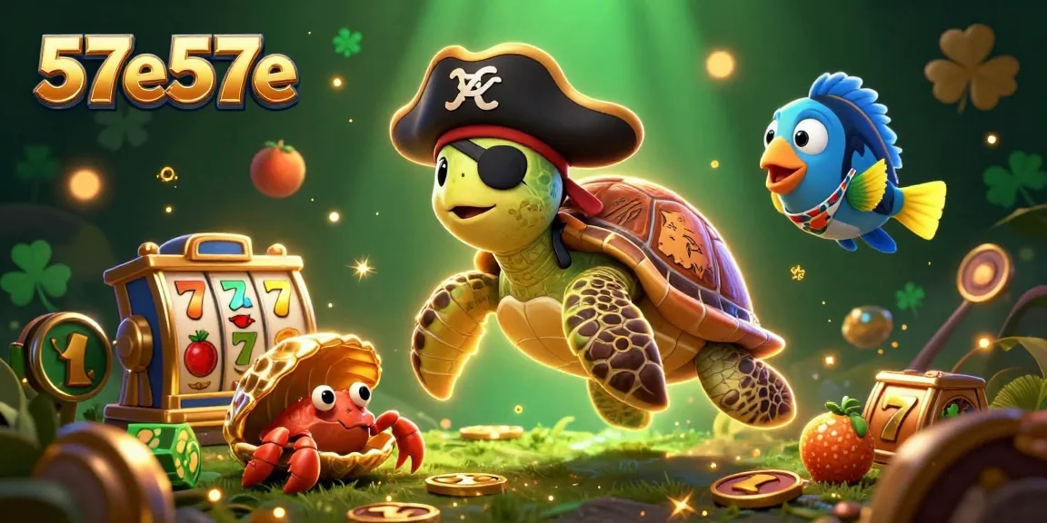 Engage with thrilling slots at 57e57e, where a cartoon pirate turtle and friends explore hidden treasures.