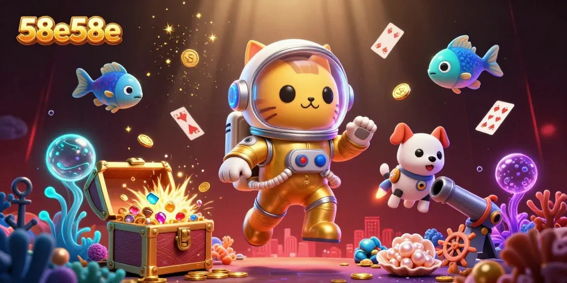 Engage with 58e58e through a vibrant cosmic casino adventure featuring animated characters and game elements.