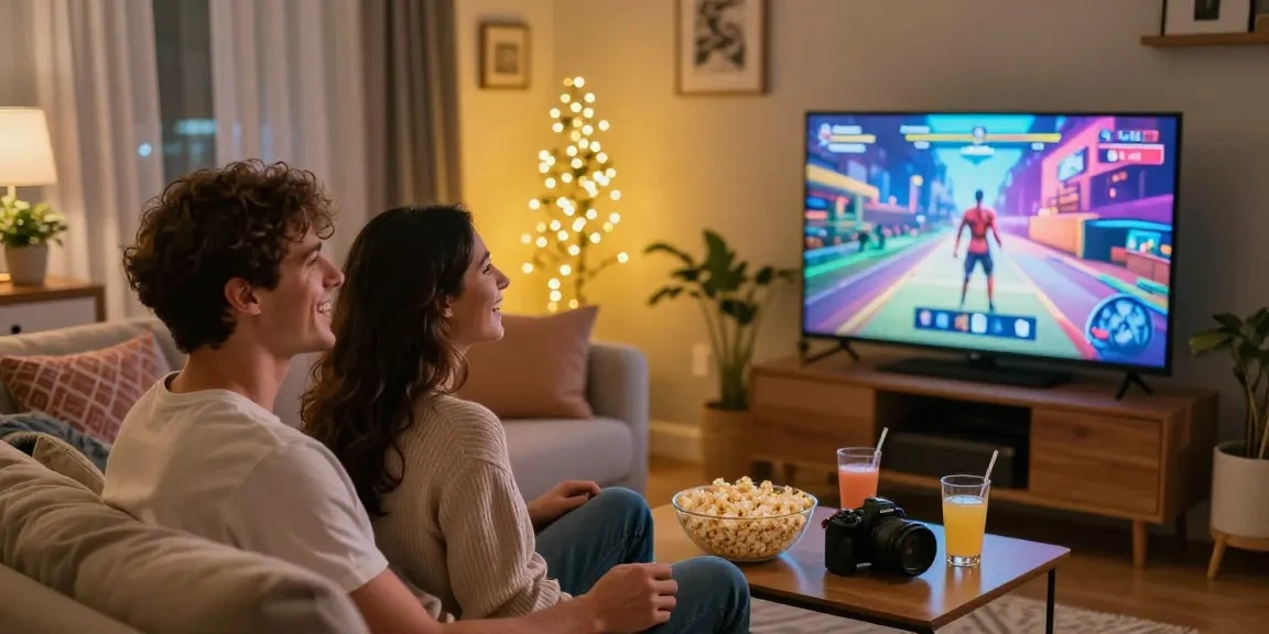 Couple enjoying real sex games on a cozy couch with vibrant gameplay and warm atmosphere.