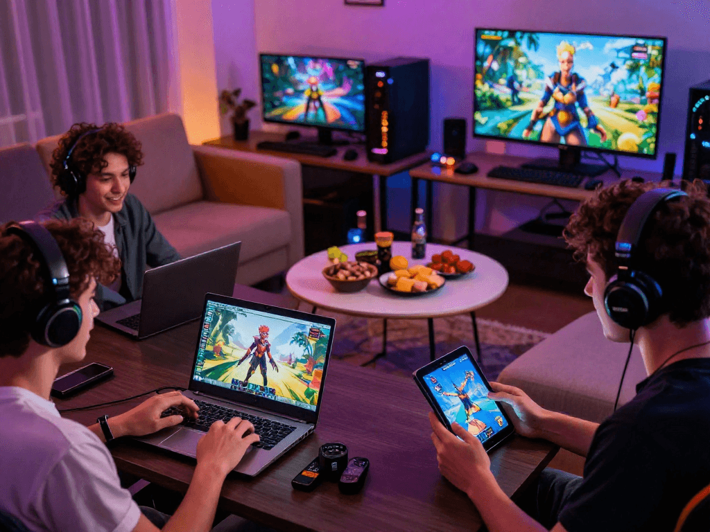 Players engaging in exciting porn games across devices in a vibrant gaming room