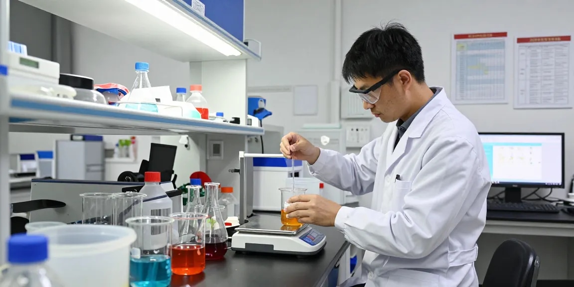 Chemical supply company laboratory with chemist measuring reagents for quality assurance.