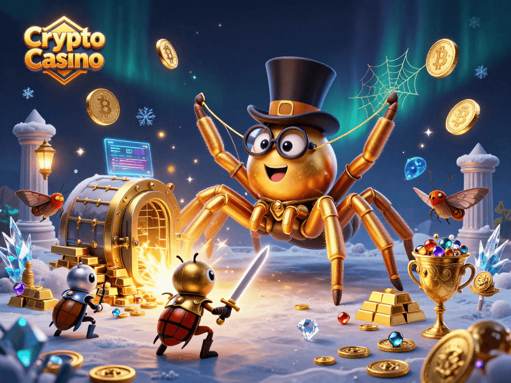 Engage with an exciting Crypto Casino scene featuring a golden tarantula and beetle knight.