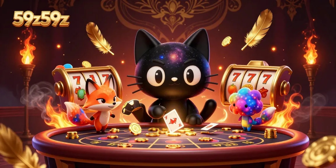 Atraia prêmios em 59z59z com a mágica do gato negro em um cassino cósmico cheio de fichas e luzes.