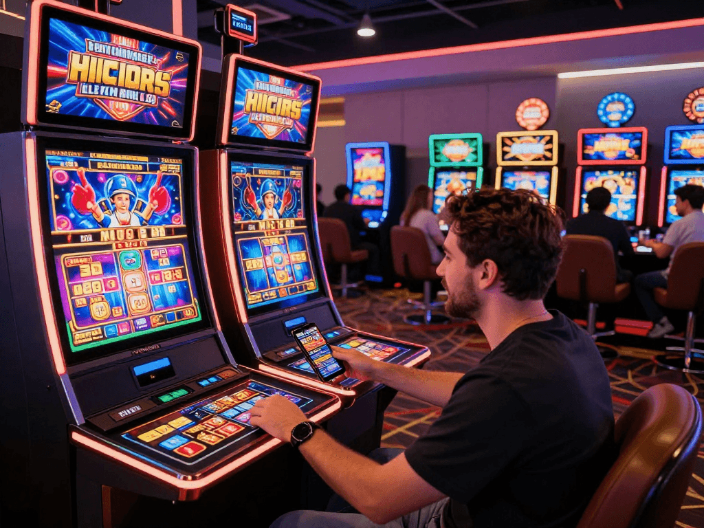 Engaging scene of online gaming at slot terpercaya with vibrant graphics and user enjoying slot machine action.