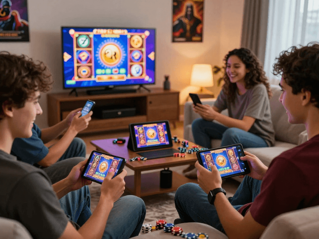 Engaging players enjoying gacor slot games on mobile devices in a cozy living room setting.