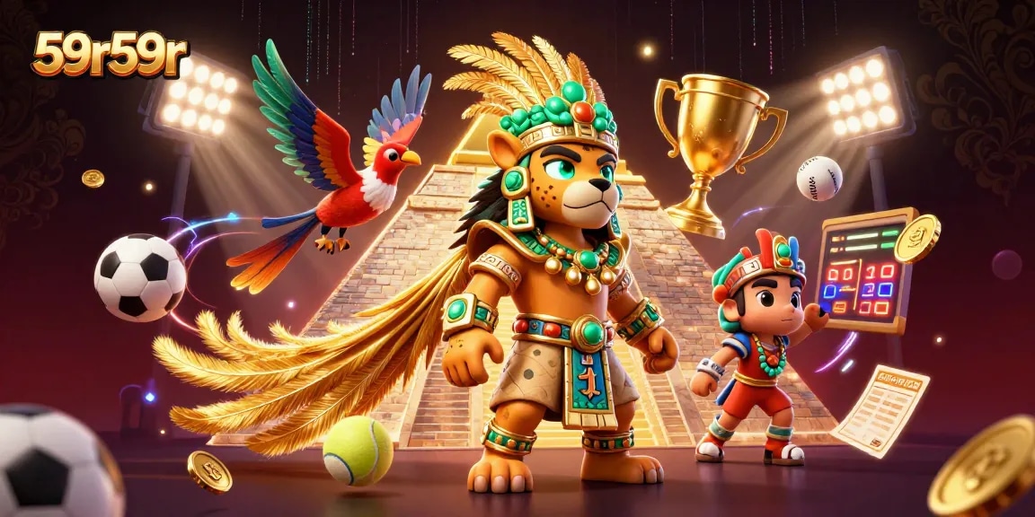 Engage in thrilling bets with 59r59r's vibrant illustration showcasing Mayan gaming elements and dynamic sports action.