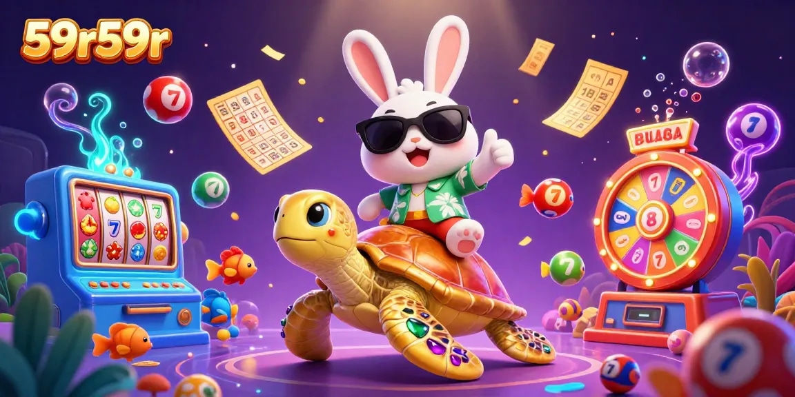 Imagem ilustrativa 59r59r com coelho sortudo e tartaruga dourada em cena animada de cassino.