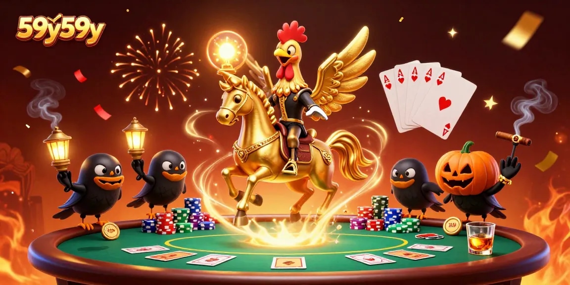 Engage with the thrilling casino scene featuring golden rooster and dynamic poker elements, 59y59y.