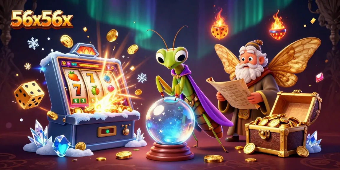 Experience the magic of 56x56x with vibrant slot machines, and mystical characters in a colorful casino scene