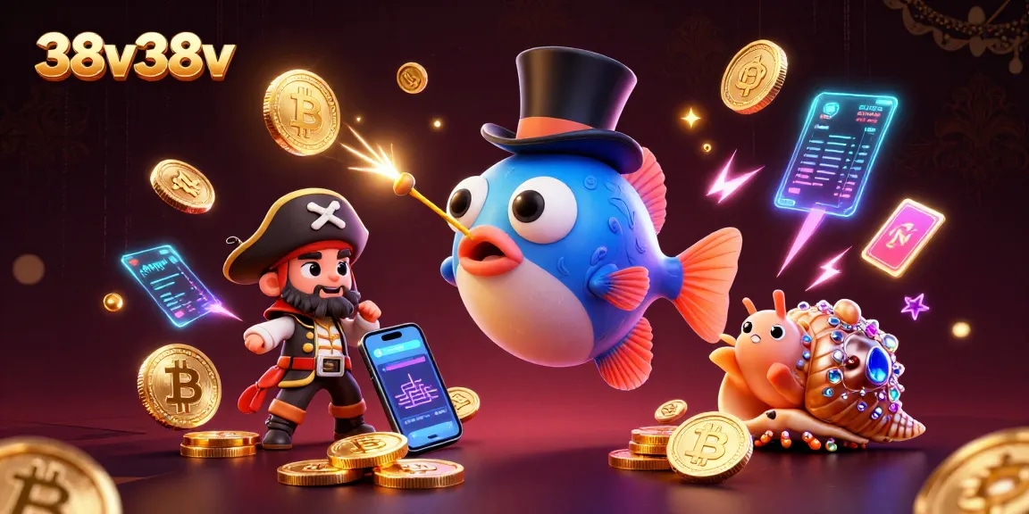 Atraia tesouros com 38v38v: ilustração 3D de anglerfish em topo, camarão pirata e caracol de gemas.