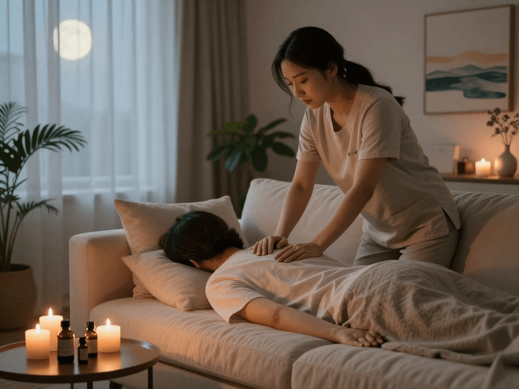 Relaxing 남양주출장마사지 session in a cozy home setting with candles and soothing atmosphere.