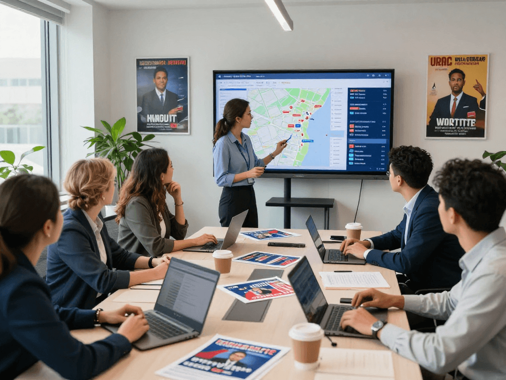Analyzing meta ads for political campaigns in an engaging office setting with data visuals.