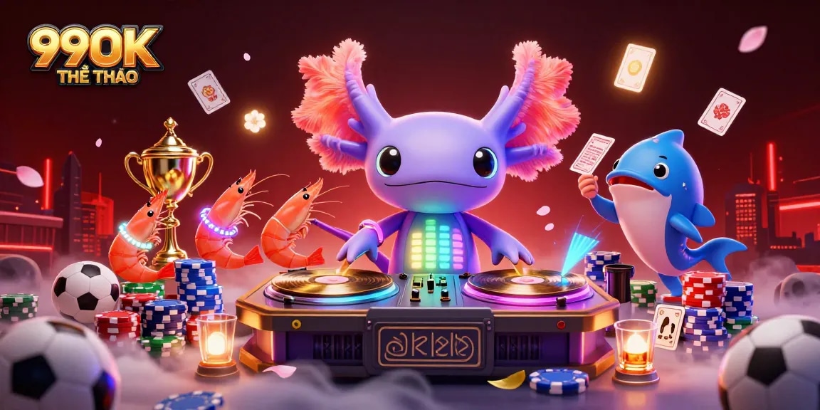 Experience the excitement of 99OK THỂ THAO sports betting with dynamic axolotl DJ and vibrant atmosphere.