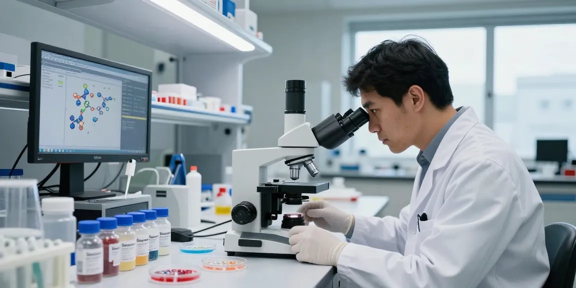 Scientist analyzing SwissChems Peptides in a modern laboratory.