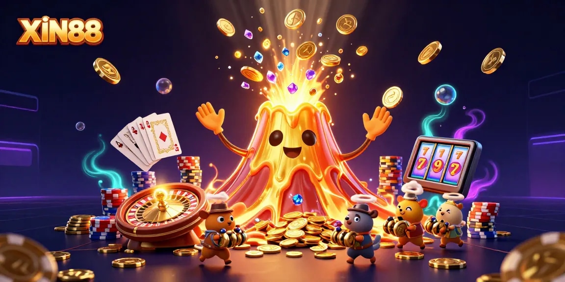 Experience the excitement of XIN88 with treasure erupting from a golden volcano in a vibrant casino scene.