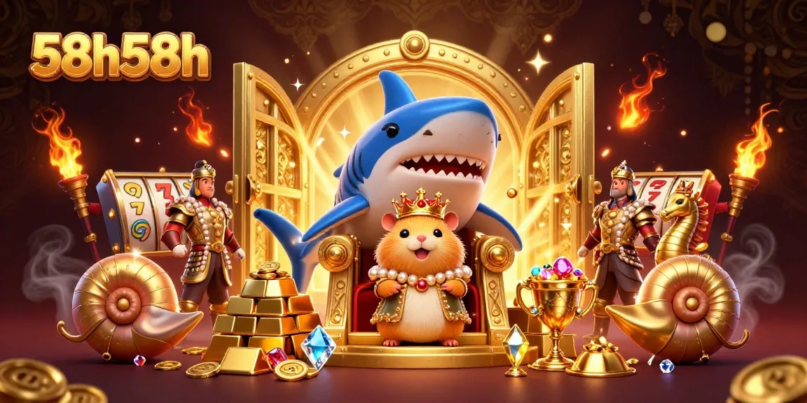 Experience casino thrills with 58h58h's vibrant megalodon throne scene filled with treasures and excitement.