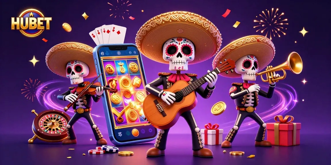 Win big with HUBET at a vibrant online casino showcasing a Day of the Dead mariachi band.