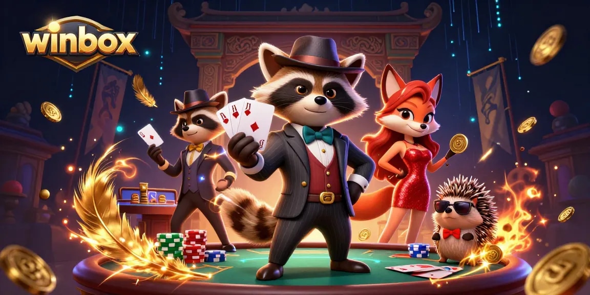 Experience thrilling wins with winbox: a raccoon with a royal flush amidst casino excitement.