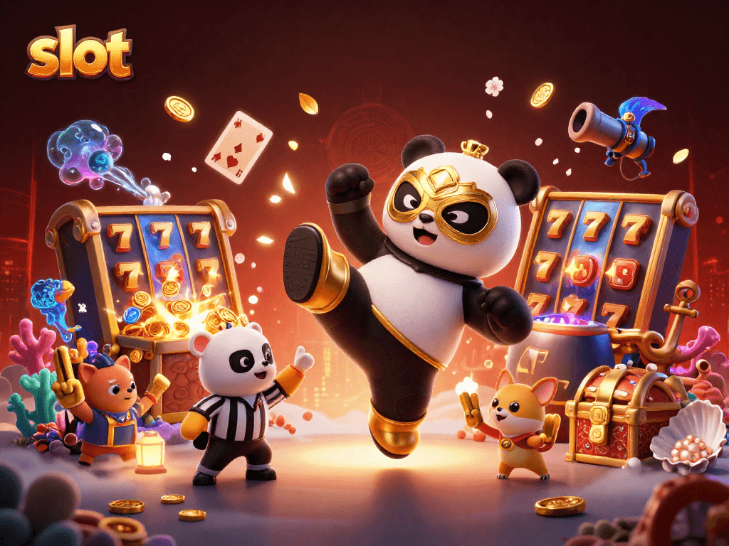 Mainkan slot melalui ilustrasi berlatar belakang gelap dengan panda dan hewan penonton meriah.