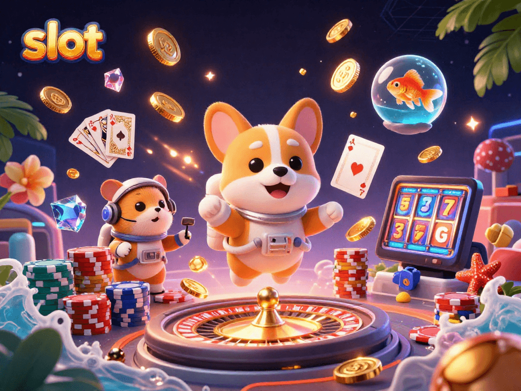 Slot memikat dengan corgi astronaut dan hamster di kasino luar angkasa, penuh koin emas.