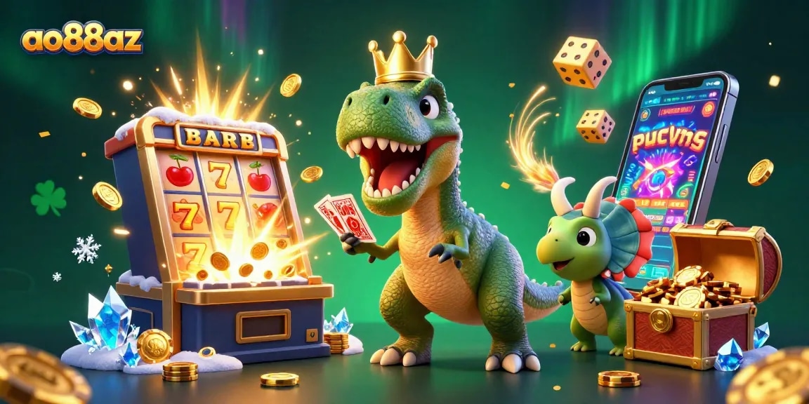 Experience thrilling action with ao88az as playful dinosaurs shuffle cards and stack chips amidst a vibrant casino.