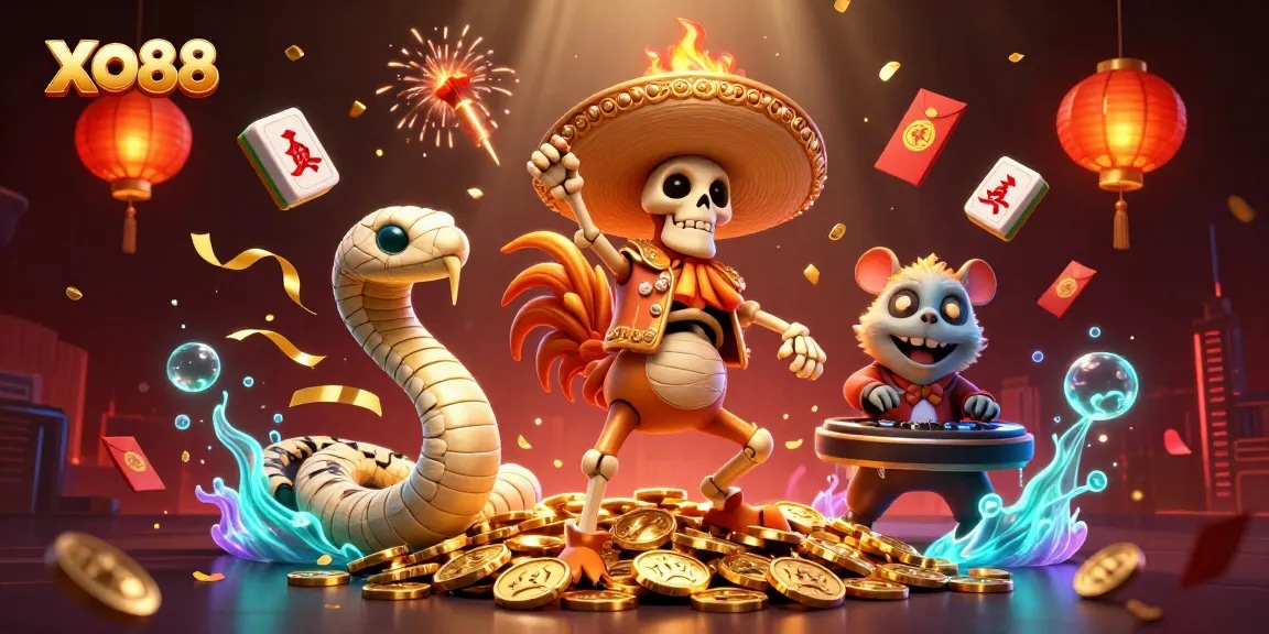 Join the excitement at XO88 with a victory dance and golden treasures in a vibrant casino scene.