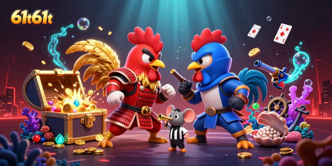 Engage in epic battles with 61t61t's thrilling rooster duel amidst dazzling casino treasures.