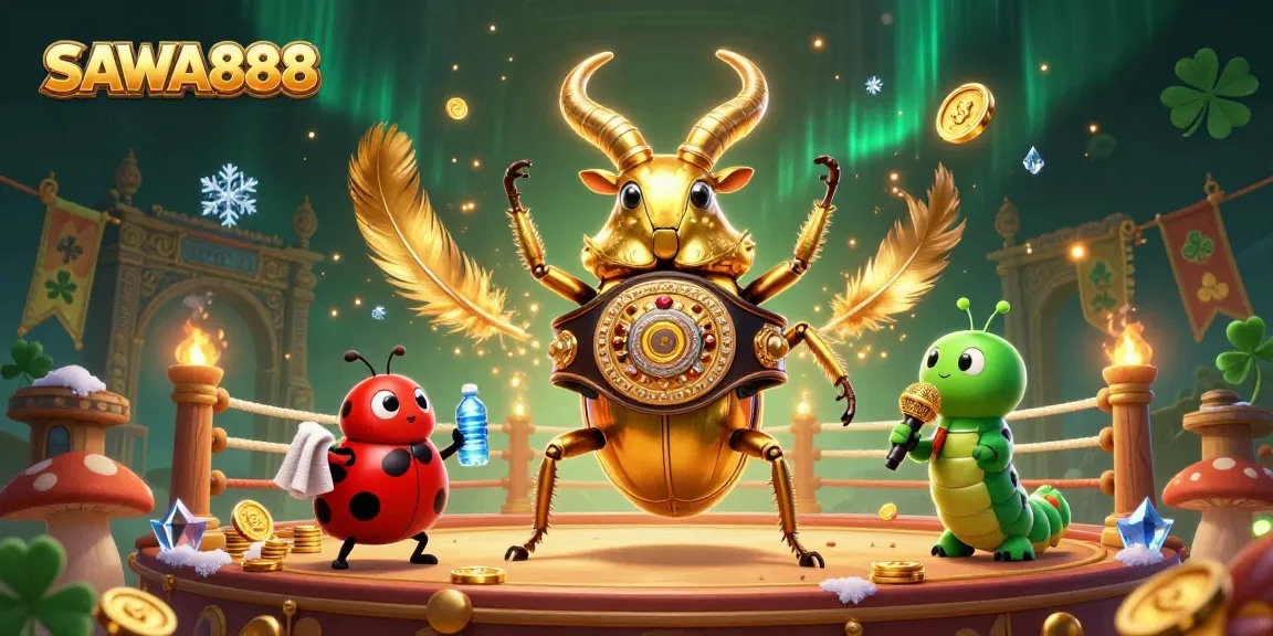 Experience the excitement at SAWA888 with a dynamic gambling illustration featuring a giant beetle champion.