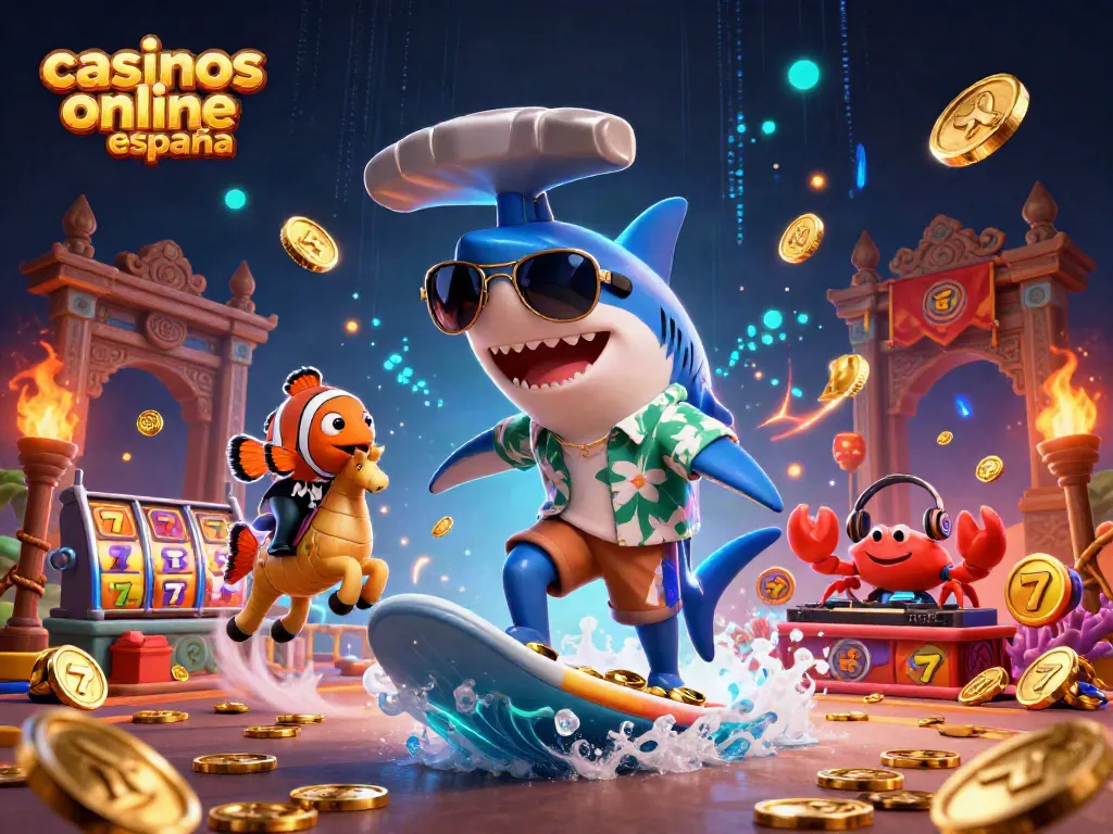 Minijuegos emocionantes en casinos online España, con un tiburón surfista y riquezas doradas.