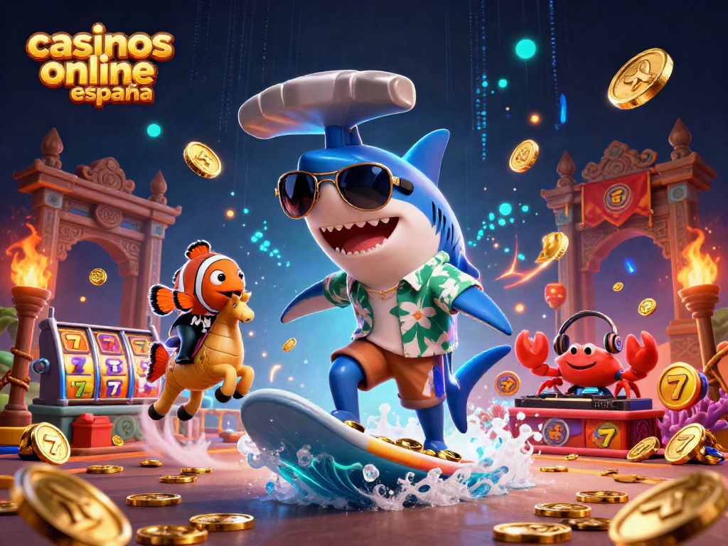 Minijuegos emocionantes en casinos online España, con un tiburón surfista y riquezas doradas.