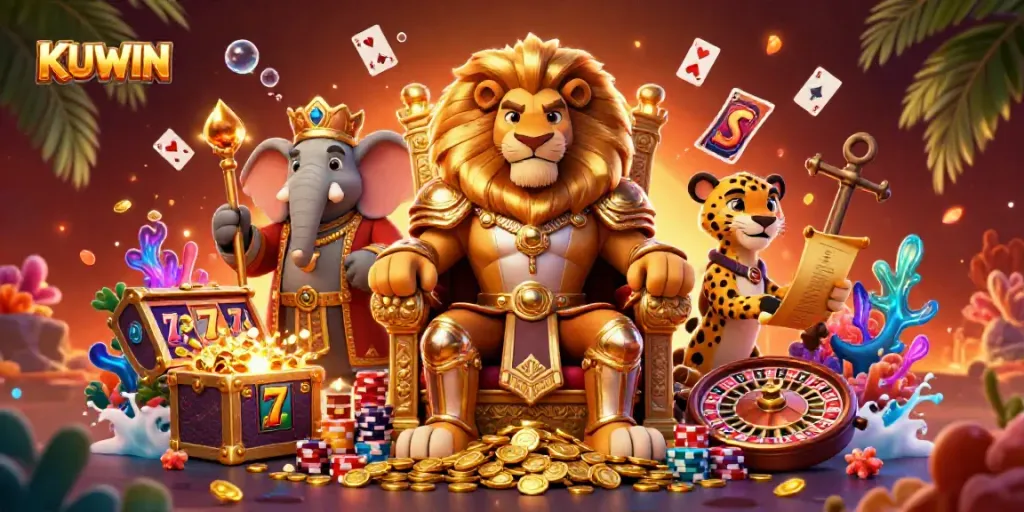 KUWIN showcases a lion king and allies featuring slot reels and poker chips in a vibrant casino scene.