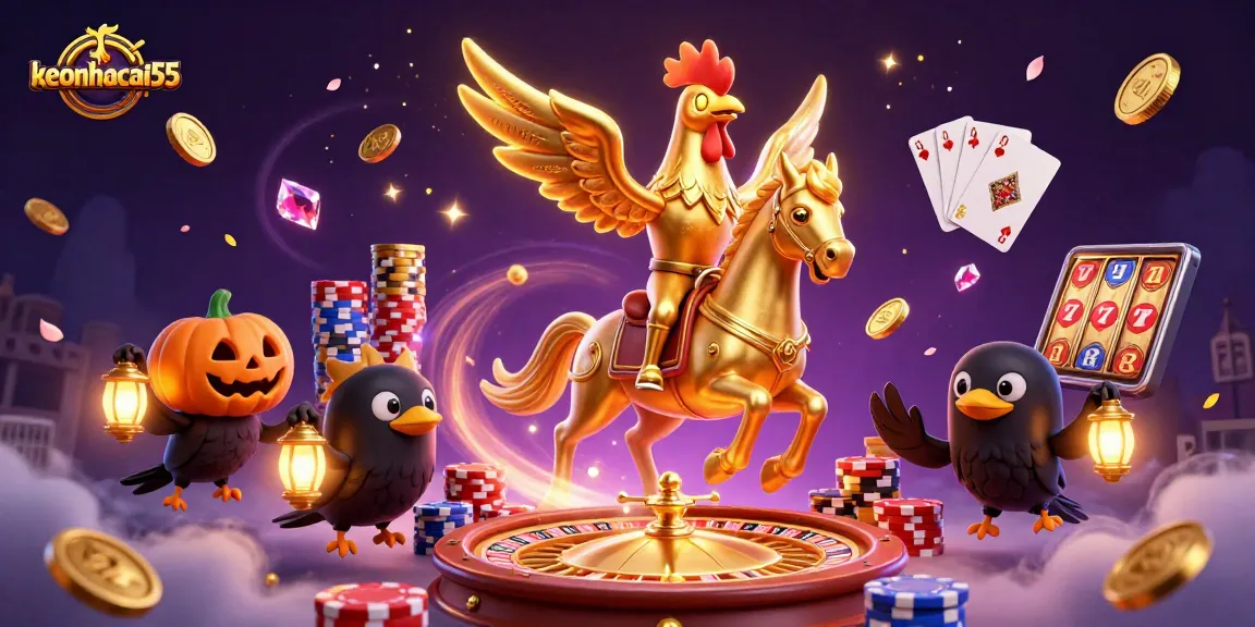 Experience the thrill of keonhacai55 with a stunning casino scene featuring a golden rooster and lively characters.