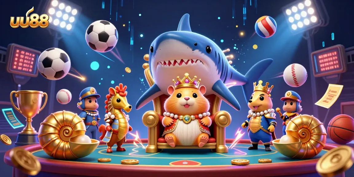 uu88 showcases an engaging scene with a hamster king and seahorse guards in a dynamic gambling illustration.