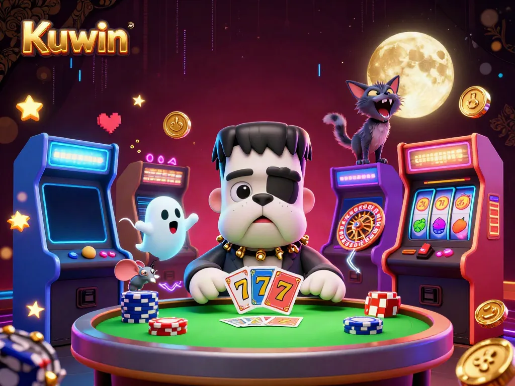 Kuwin casino scene featuring 3D cartoon bulldog dealer and playful gaming elements.