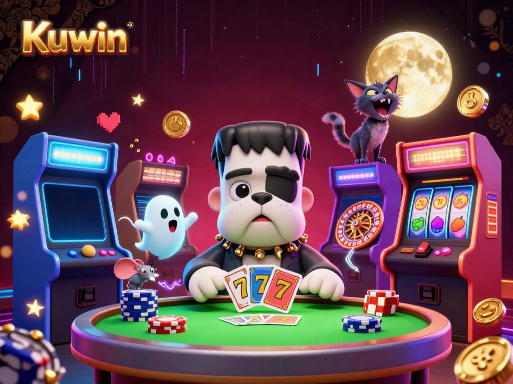 Kuwin casino scene featuring 3D cartoon bulldog dealer and playful gaming elements.