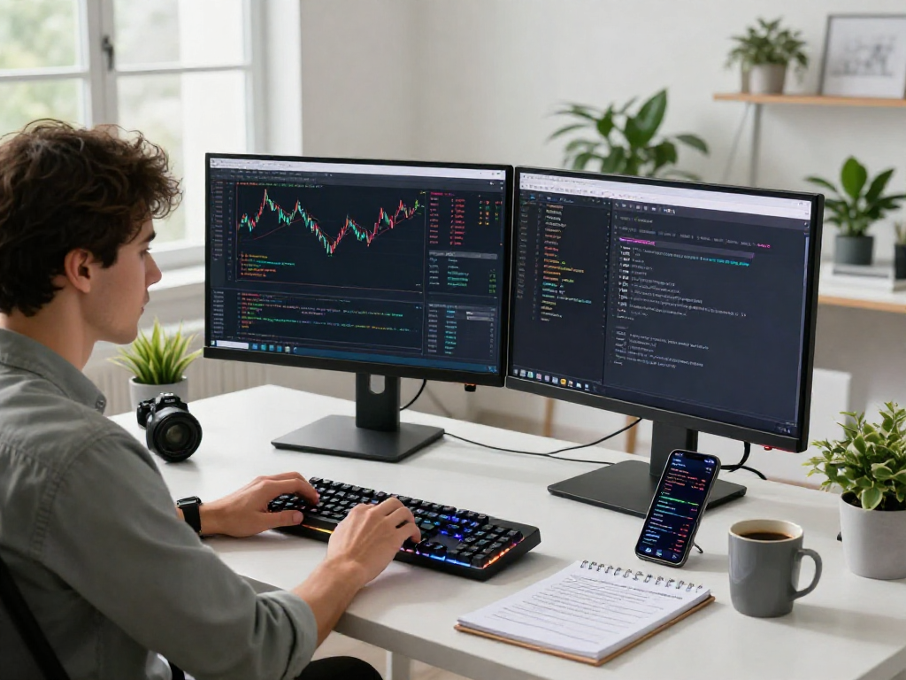 德股WebSocket推送接口动态编程环境,开发者专注于编写金融应用代码,显示实时全球股票数据的双显示屏。