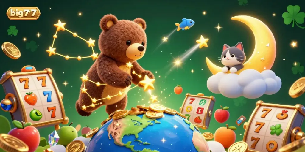 Experience the thrill of big777 with a constellation bear scooping coins amid a vibrant jackpot scene.