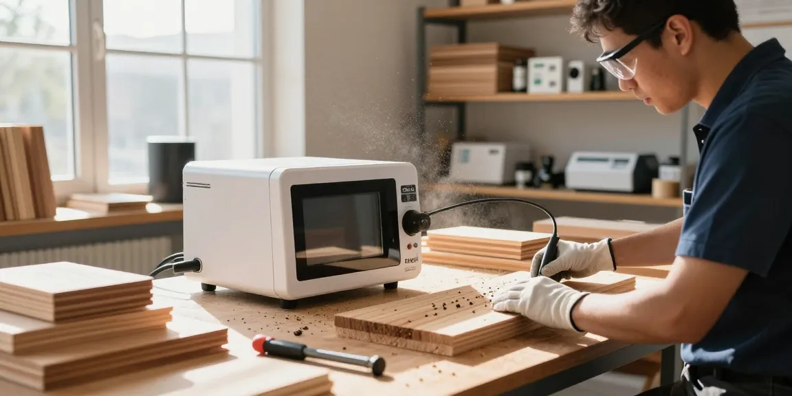 Shashel microwave technology in action, effectively eliminating wood-boring insects in a workshop setting.