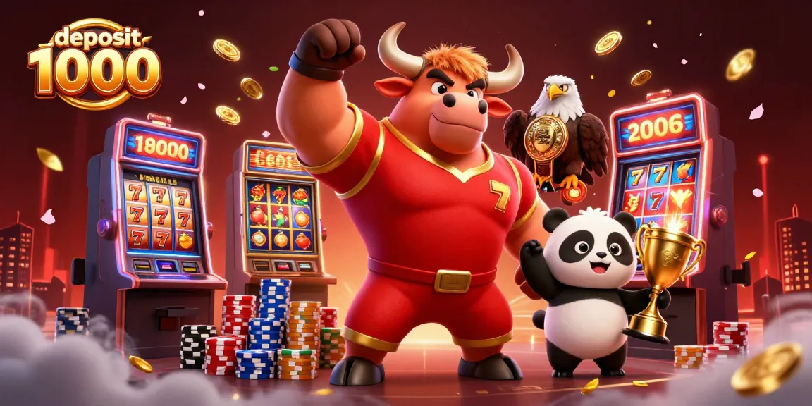 Engage in thrilling slot games with a dynamic "deposit 1000" scene featuring vibrant characters and casino elements.