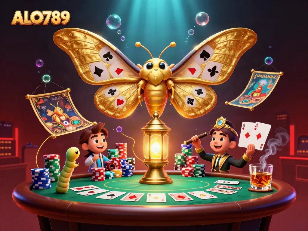 Experience high-stakes gaming with ALO789 in this vibrant casino scene featuring an atlas moth and poker elements.