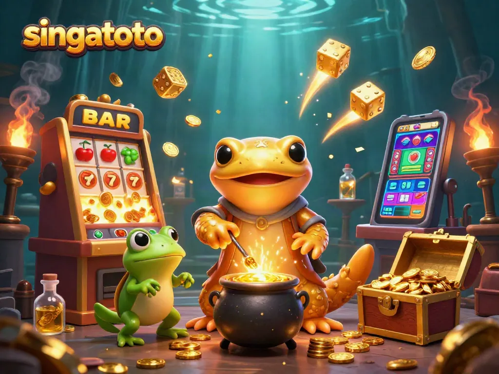 Experience thrilling gaming with singatoto's vibrant 3D casino illustration, featuring gold coins and slot machines.