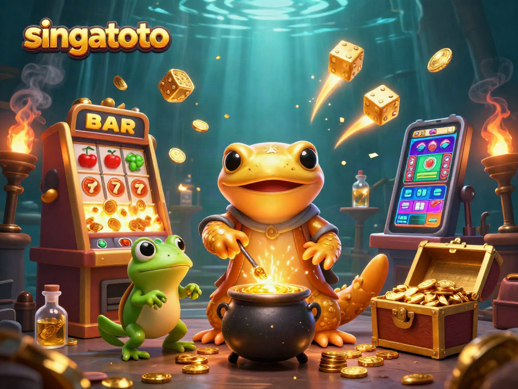 Experience thrilling gaming with singatoto's vibrant 3D casino illustration, featuring gold coins and slot machines.