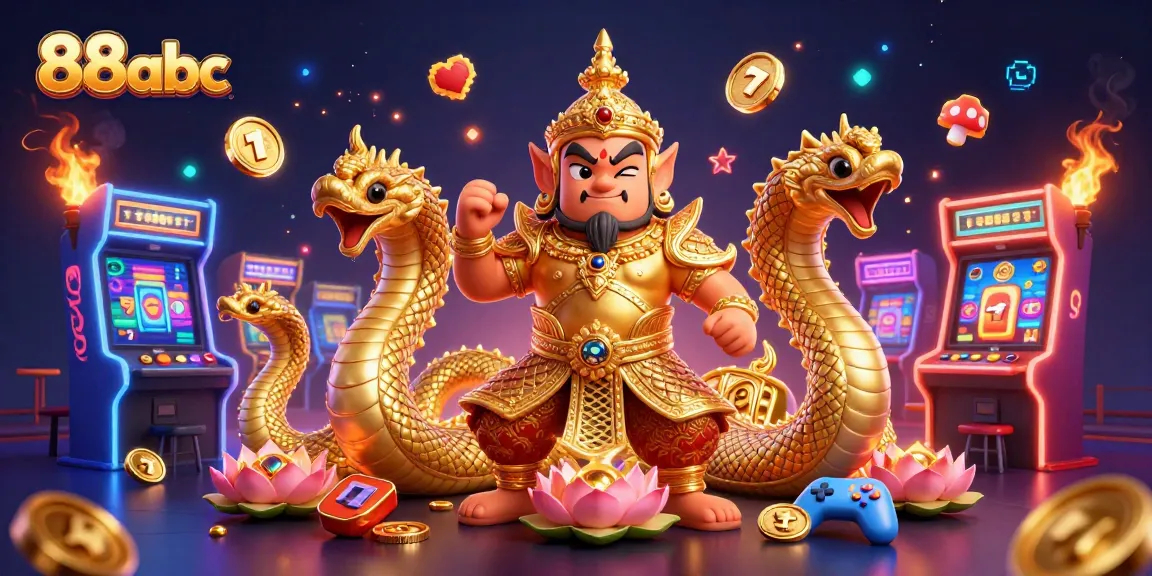Experience thrilling gaming with 88abc's vibrant casino illustration, showcasing a cultural guardian and dynamic game elements.