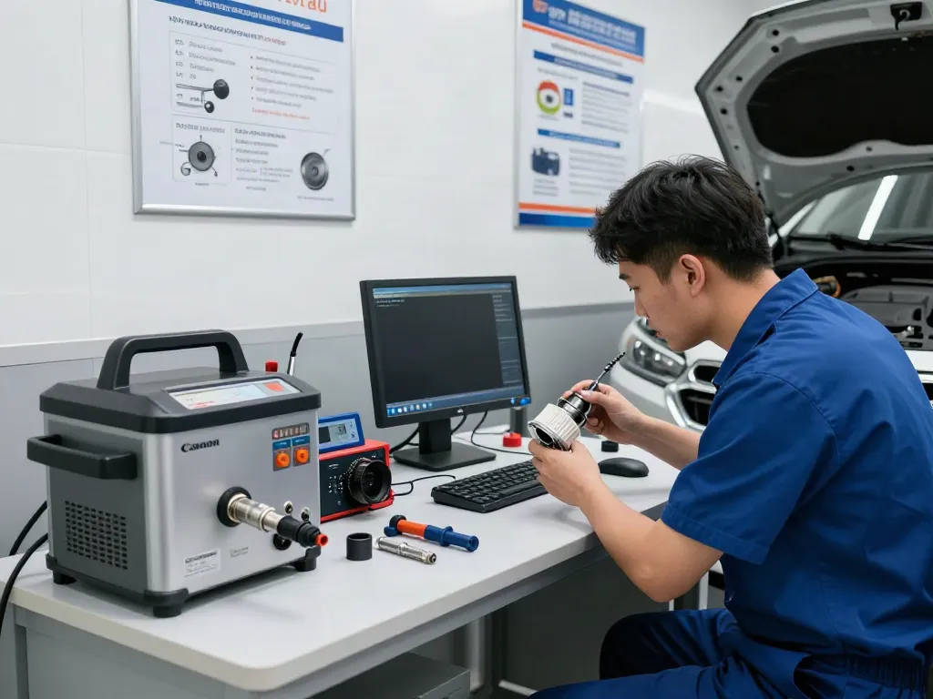 Professionelle DPF Reinigung in Hannover mit Techniker in Werkstatt, DPF-Reinigungsgeräte im Hintergrund.