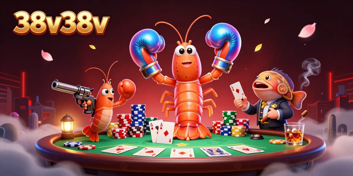 Engage in high-stakes poker with 38v38v's vibrant illustration featuring dynamic casino characters.